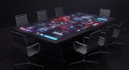 Futuristic meeting room with interactive touchscreen table displaying data visualizations