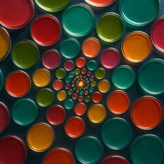 Colorful paint cans spiral arrangement, overhead view of vibrant glossy paint buckets, multicolor palette display, artistic color collection, creative paint jars, abstract circular pattern, bright pig