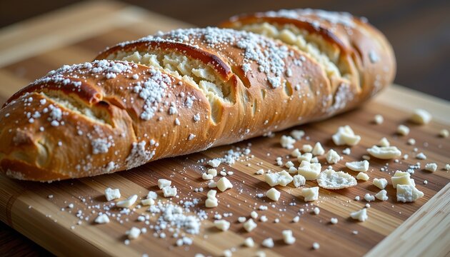 a still life of a fresh baguette, with crumbs scattered on a wooden cutting board, conveying freshness and a homemade feel.