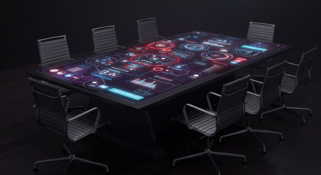 Futuristic meeting room with interactive touchscreen table displaying data visualizations