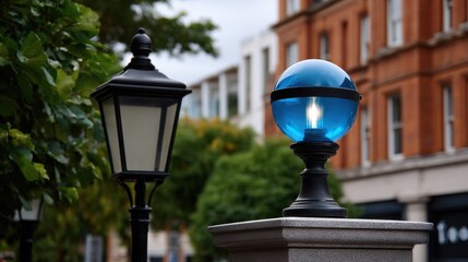 Elegant Street Light Illuminating Urban Landscape in Front of Historic Building at Dusk Creating a Warm and Inviting Atmosphere in City Life