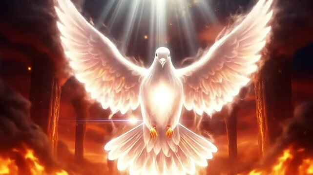 Celestial burning dove of holy white fire soaring through heavenly firestorm