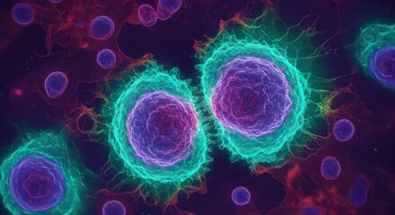 Obraz premium Microscopic cellular world with vibrant colors, revealing biological complexity and interaction