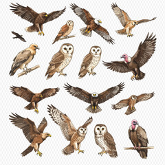 A detailed collection of illustrated birds of prey, including eagles, owls, and vultures in various flying and perched poses.