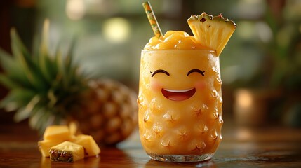 A cheerful pineapple smoothie, garnished, and a pineapple in the background