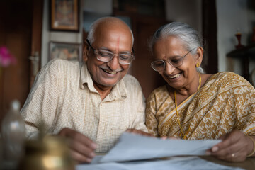 elderly indian couple reviewing pension documents together at home