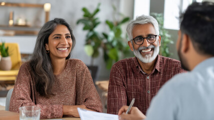 young indian couple sitting with financial advisor at home