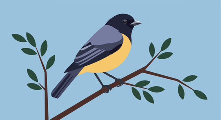 Obraz premium Cartoon bird perched on a tree branch against a blue background