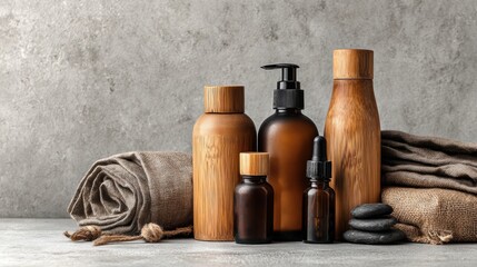 Natural Bath and Skincare Products Arranged on a Textured Surface With Stones and Linen in a Calming Setting