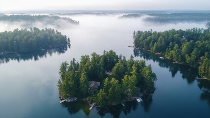 Obraz premium Misty lake islands at dawn. Aerial view of tranquil islands with lush green forests, nestled in a calm lake. 