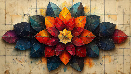 textured symmetrical lotus art, abstract flower on a tiled background,