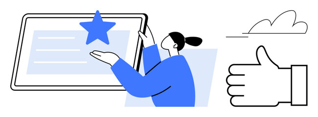 Woman interacting with tablet, emphasizing a star, next to a thumbs-up sign and clouds. Ideal for feedback, achievement, approval, review, ranking, motivation simple landing page