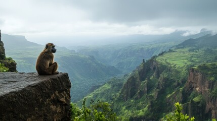 Monkey on cliff overlooking valley