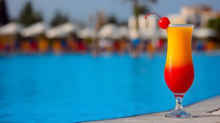 Colorful cocktail with cherry garnish sits by a blue swimming pool.