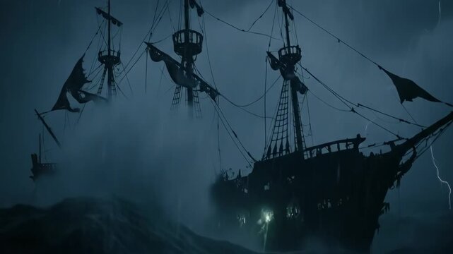 The Spectral Galleon: A Ghost Ship's Eternal Torment in a Tempest of Fog and Lightning. ghost pirate ship emerges from dense sea fog.
