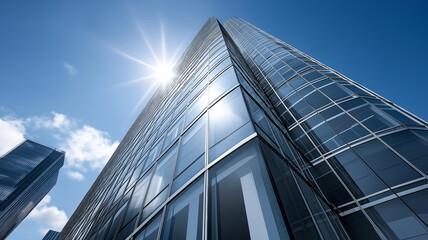 Obraz premium Towering glass business building photographed from street level against a blue sky, showcasing reflective surfaces, sunlight glints, and realistic reflections of nearby cityscape elements