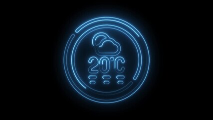 Glowing blue neon weather icon showing 20 degrees Celsius with clouds and rain on a transparent black