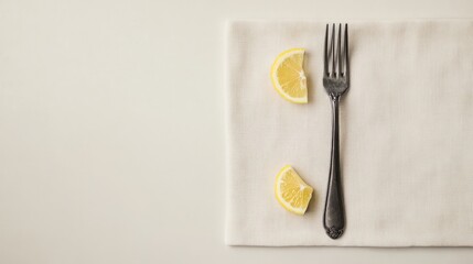 Two lemon slices and a fork on a beige napkin