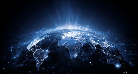 Global network map of Earth with illuminated continents and radiating light