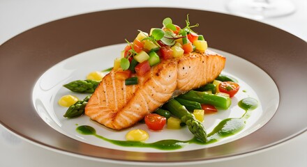 Salmon fillet dish with asparagus and vegetables