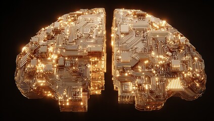 Golden brain, circuit-board design, glowing components