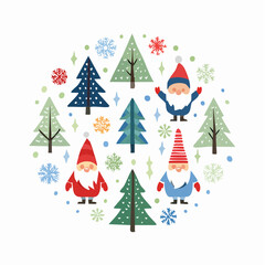 Obraz premium A playful circular pattern featuring Santa, Christmas trees, and snowflakes, ideal for kids’ products, wrapping paper designs, and festive branding 