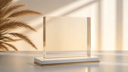 Modern acrylic block award on a minimalist stand with natural light and shadow, perfect for product mockups and elegant presentations