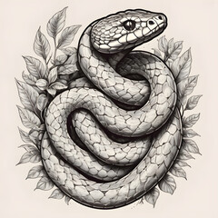 Monochrome Snake Illustration Majestic Reptile Amidst Lush Foliage Symbolizing Transformation and Renewal Evoking Mystery and Serenity