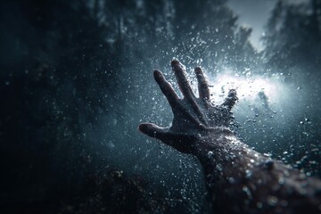 Submerged hand reaching for light