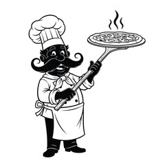 Cheerful chef presenting hot pizza food cooking