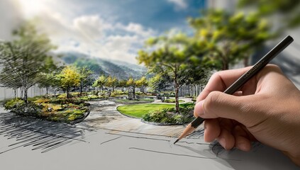 Hand sketching landscape design. Blurry background shows a park