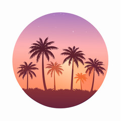 Naklejka premium A warm circular sunset scene with palm silhouettes along a tropical shoreline, perfect for travel branding, beach resort promotions, and summer campaigns 