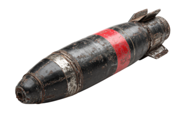 Vintage bomb with red stripe, aged military ordnance closeup