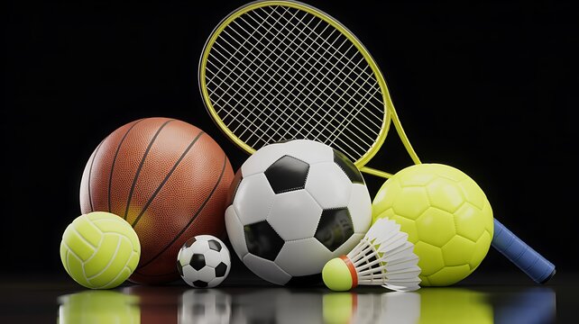 Diverse sports equipment collection including basketball, soccer, tennis, badminton, and a racket on a reflective surface.