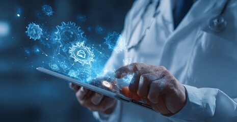 Doctor uses tablet, interacting with digital viruses