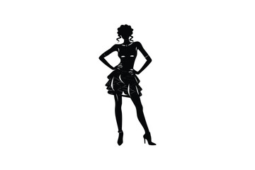 Elegant woman standing with hands on hips in a stylish outfit depicted in a striking black silhouette against a clean white background showcasing a confident pose and fashionable attire silhouette