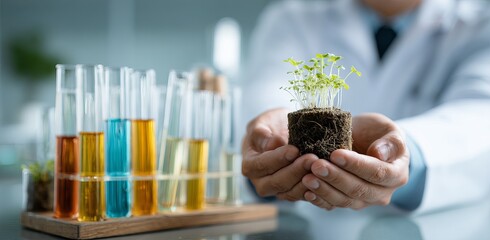 A scientist holds a small plant in a lab, surrounded by test tubes