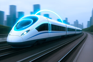 Obraz premium Futuristic High-Speed Train with Glowing Blue Arc in Urban Cityscape – Conceptual Image of Advanced Transportation and Smart Mobility Innovation