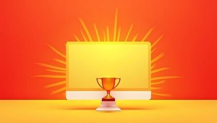 Flat design empty computer screen in the center, with a trophy icon, radial burst background in red and yellow, concept of digital achievement or online reward

