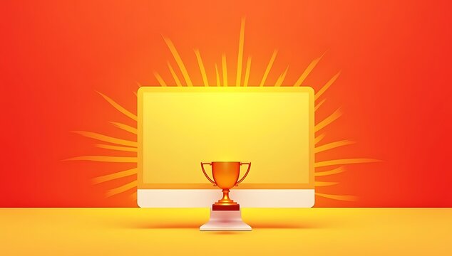 Flat design empty computer screen in the center, with a trophy icon, radial burst background in red and yellow, concept of digital achievement or online reward

