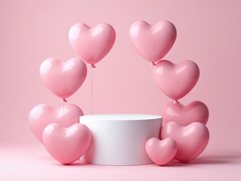 A collection of soft pink heartshaped balloons surround a white pedestal in a pastel pink setting, perfect for valentines day or celebrations - Powered by Adobe