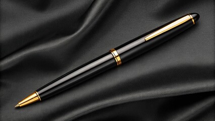 Naklejka premium Elegant Black and Gold Luxury Ballpoint Pen Resting on Smooth Black Silk Fabric; Sophisticated, Upscale, and Professional Image for Business, Success, and Executive Concepts.