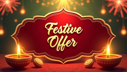 Vibrant red and gold banner with sparkling diya lamps and fireworks accents, “FESTIVE OFFER” written in bold decorative script, over green screen background for cultural or seasonal promotions

