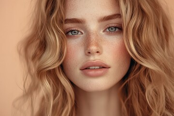 Fototapeta premium Close-up portrait of a woman with beautiful, healthy skin and wavy hair.