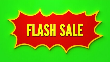 Bold comic-style red banner with yellow jagged edges, centered text reading “FLASH SALE!” in all caps, bright yellow font with thick outline, placed on vibrant green screen background for easy keying
