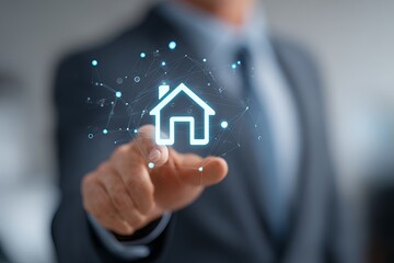 Businessman touches a holographic house icon