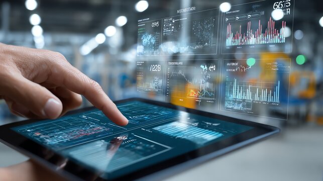 Advanced Technology A closeup of fingers scrolling on a tablet with floating analytics dashboards monitoring industrial IoT devices