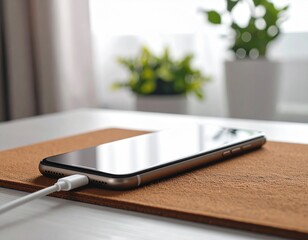 Modern smartphone connected to a charging cable on a minimalist white desk. Concept of digital life and constant connectivity.