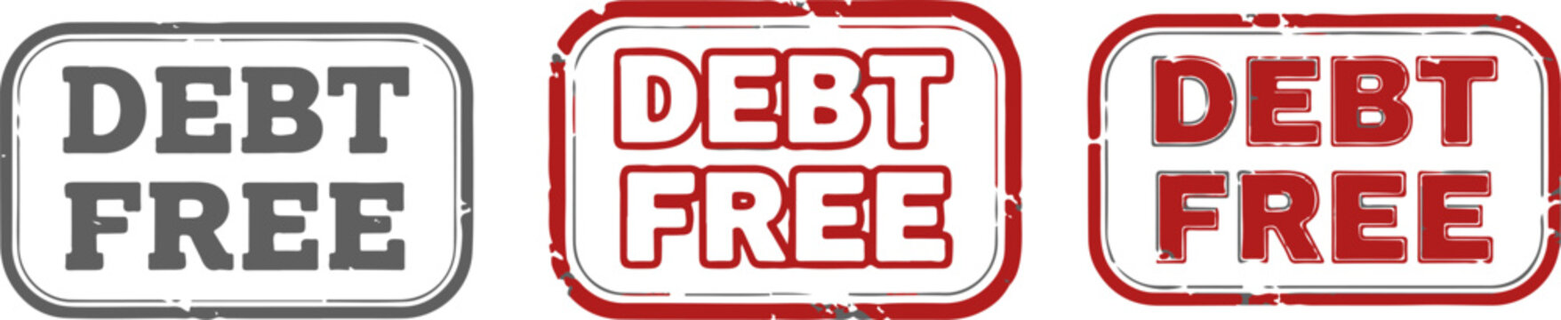 Set of 'DEBT FREE' grunge stamp buttons in grey and red, isolated