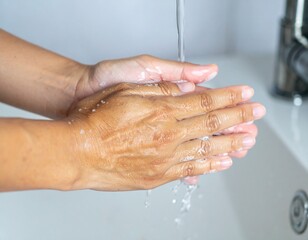 Fototapeta premium person washing hands with soap under running water
